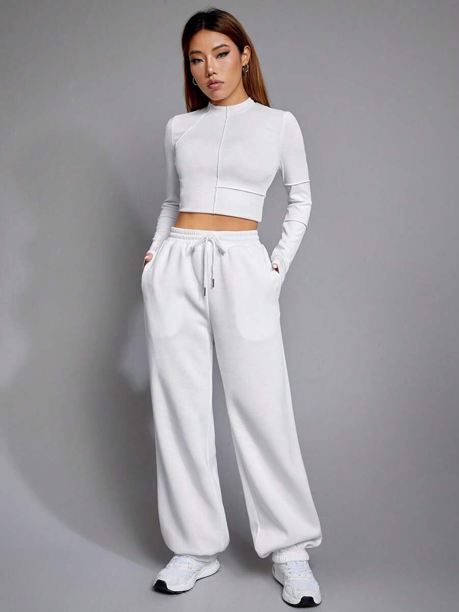 SHEIN EZwear Solid Drawstring Waist Sweatpants - White - View 1