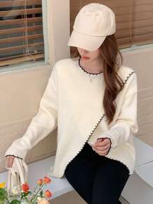DAZY 撞色饰边落肩裹身下摆毛衣，秋装 - 白色 - 查看 4
