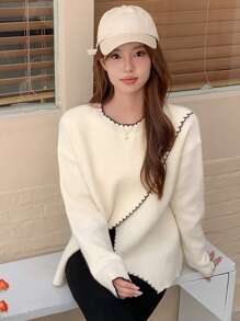 DAZY 撞色饰边落肩裹身下摆毛衣，秋装 - 白色 - 查看 5