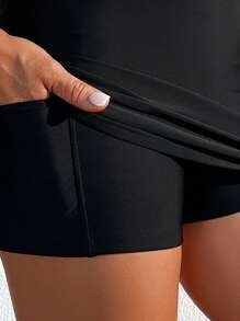 SHEIN Swim Summer Beach Solid Bikini Bottom With Phone Pocket - Black - View 5