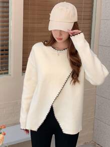 DAZY 撞色饰边落肩裹身下摆毛衣，秋装 - 白色 - 查看 6