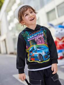 SHEIN Young Boy Car & Letter Graphic Drop Shoulder Sweatshirt - Black - View 1
