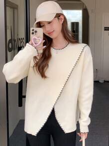 DAZY 撞色饰边落肩裹身下摆毛衣，秋装 - 白色 - 查看 8