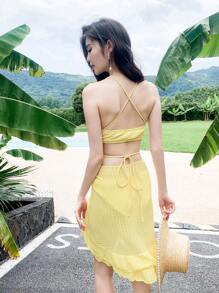 SHEIN 纯色抽绳比基尼套装（配沙滩裙）夏季 - 黃色 - 查看 2