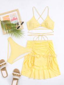 SHEIN 纯色抽绳比基尼套装（配沙滩裙）夏季 - 黃色 - 查看 4