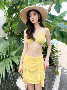 SHEIN 纯色抽绳比基尼套装（配沙滩裙）夏季 - 黃色 - 查看 5