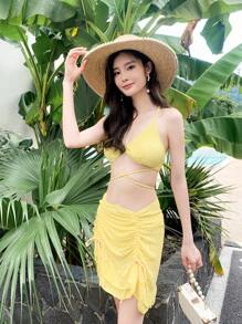 SHEIN 纯色抽绳比基尼套装（配沙滩裙）夏季 - 黃色 - 查看 6