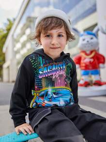 SHEIN Young Boy Car & Letter Graphic Drop Shoulder Sweatshirt - Black - View 4