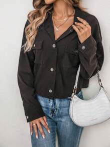 SHEIN Essnce Flap Pocket Drop Shoulder Jacket - Chocolate Brown - View 1