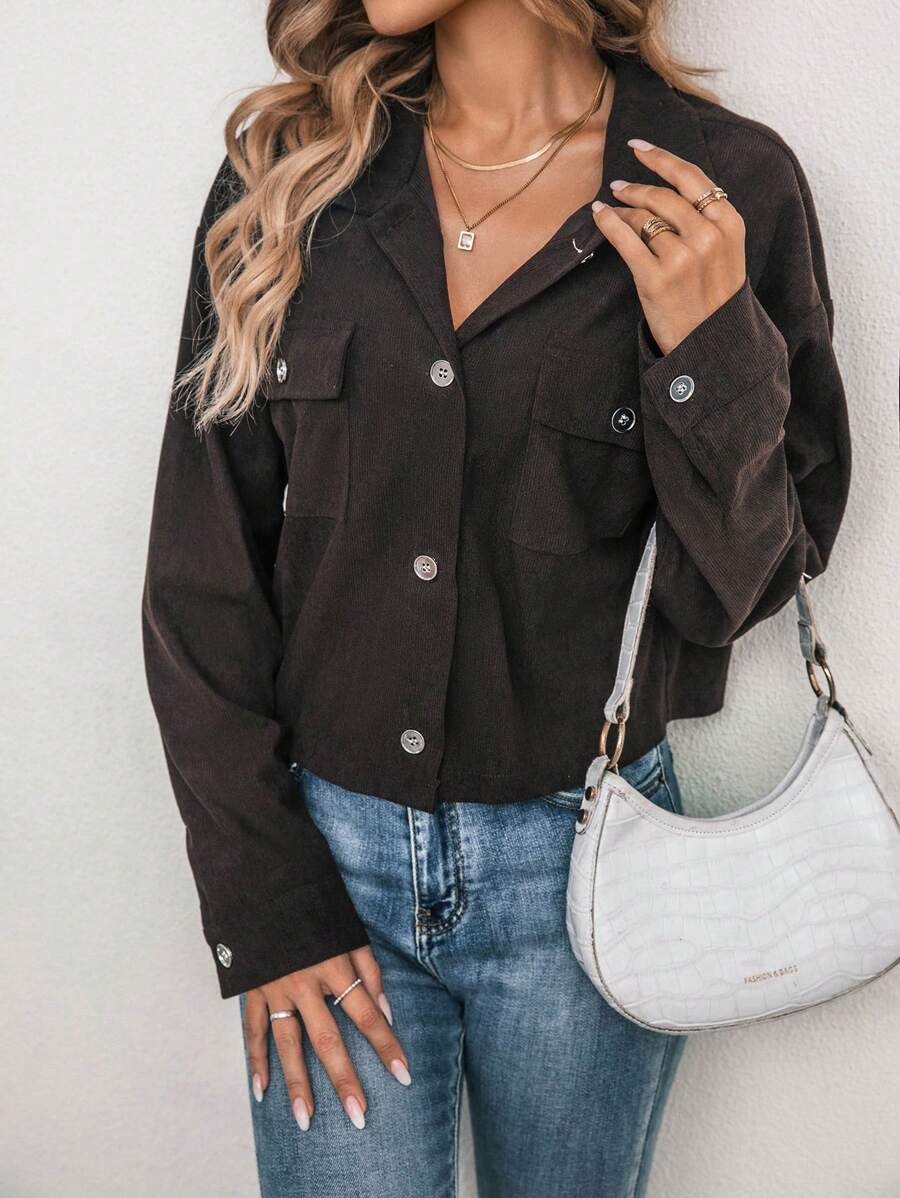 SHEIN Essnce Flap Pocket Drop Shoulder Jacket - Chocolate Brown - View 1