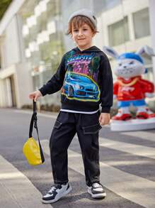SHEIN Young Boy Car & Letter Graphic Drop Shoulder Sweatshirt - Black - View 6