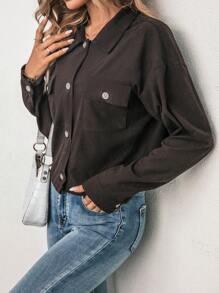 SHEIN Essnce Flap Pocket Drop Shoulder Jacket - Chocolate Brown - View 3