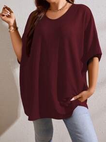 Calvaya Plus Solid Batwing Sleeve Tee - Burgundy - View 1
