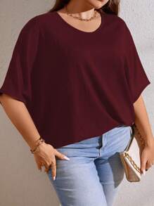 Calvaya Plus Solid Batwing Sleeve Tee - Burgundy - View 4