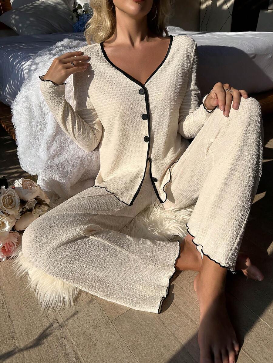 Contrast Binding Lettuce Trim Top & Pants Lounge Set Cozy Outfit, Fall Winter Clothes