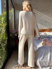 Contrast Binding Lettuce Trim Top & Pants Lounge Set Cozy Outfit, Fall Winter Clothes