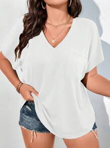 Vionelle Plus Solid Batwing Sleeve Pocket Patched Tee - White - View 1