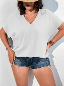 Vionelle Plus Solid Batwing Sleeve Pocket Patched Tee - White - View 6