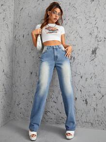 SHEIN ICON Jeans unicolor con bolsillo oblicuo - Azul lavado medio - Ver 1