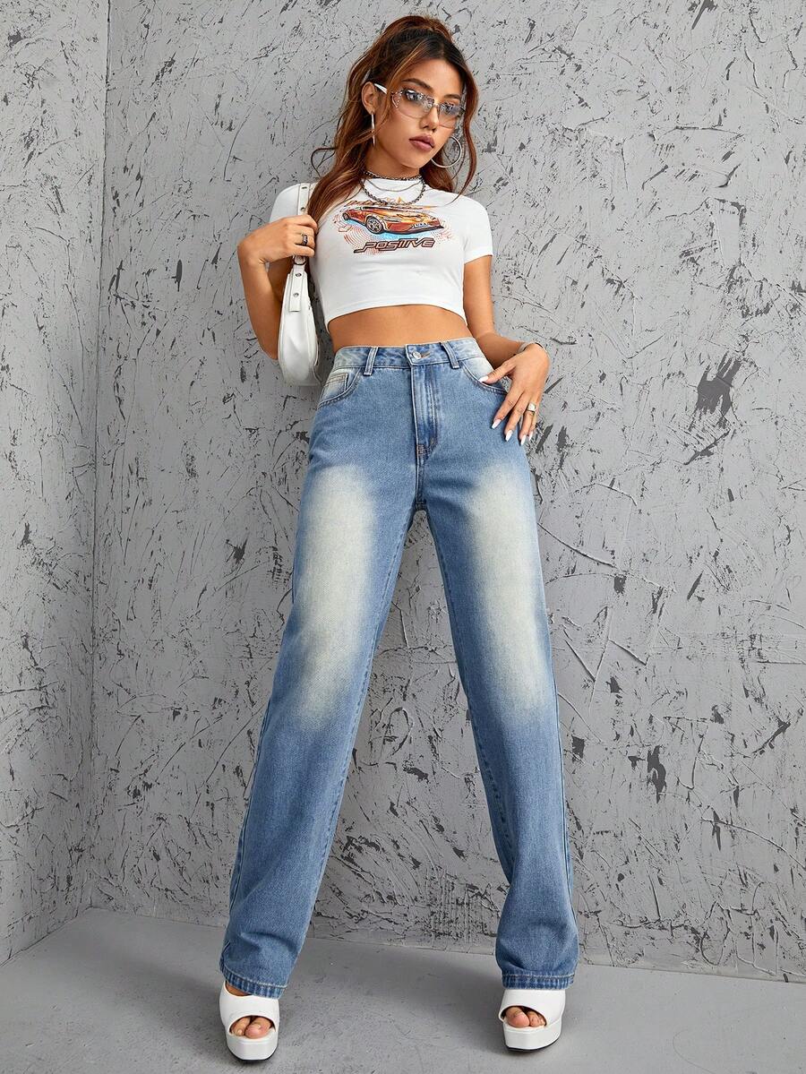 SHEIN ICON Jeans unicolor con bolsillo oblicuo - Azul lavado medio - Ver 1