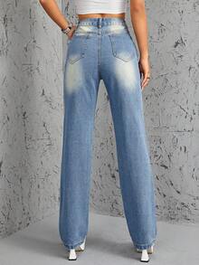 SHEIN ICON Jeans unicolor con bolsillo oblicuo - Azul lavado medio - Ver 2