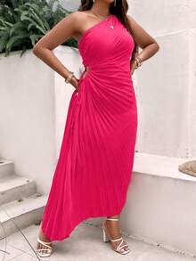 Celure Hơn Một bờ vai Cắt ra Nút ven Xếp li Đầm - Màu Hồng Tươi - Xem 4