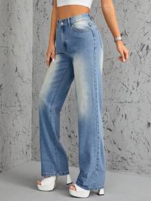 SHEIN ICON Jeans unicolor con bolsillo oblicuo - Azul lavado medio - Ver 5