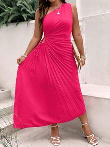 Celure Hơn Một bờ vai Cắt ra Nút ven Xếp li Đầm - Màu Hồng Tươi - Xem 6