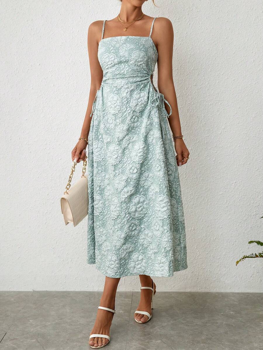 SHEIN Privé Vestido de tirantes jacquard con cordón lateral - Verde - Ver 1