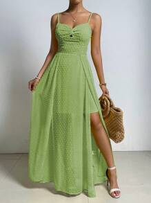 SHEIN Belle 休閒褶邊 後系帶 高衩純色女士連衣裙 - 薄荷綠 - 查看 1