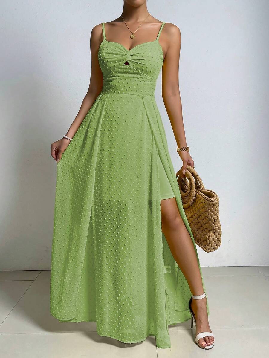 SHEIN Belle 休閒褶邊 後系帶 高衩純色女士連衣裙 - 薄荷綠 - 查看 1