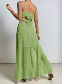 SHEIN Belle 休閒褶邊 後系帶 高衩純色女士連衣裙 - 薄荷綠 - 查看 2