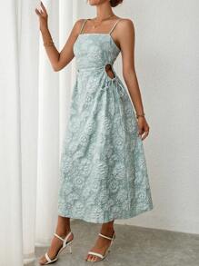 SHEIN Privé Vestido de tirantes jacquard con cordón lateral - Verde - Ver 3