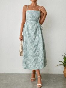 SHEIN Privé Vestido de tirantes jacquard con cordón lateral - Verde - Ver 4