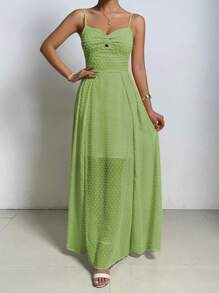 SHEIN Belle 休閒褶邊 後系帶 高衩純色女士連衣裙 - 薄荷綠 - 查看 5