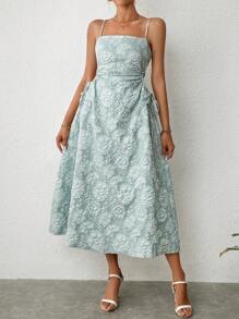 SHEIN Privé Vestido de tirantes jacquard con cordón lateral - Verde - Ver 6