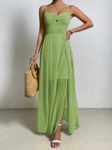 SHEIN Belle 休閒褶邊 後系帶 高衩純色女士連衣裙 - 薄荷綠 - 查看 7