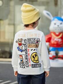 SHEIN 男童可愛寬鬆舒適的針織毛衣，圓領，印花圖案，長袖 - 白色 - 查看 1