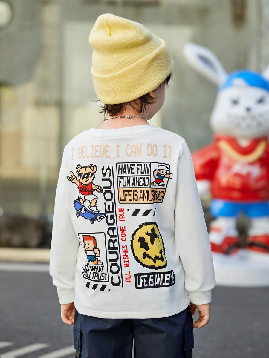 SHEIN 男童可愛寬鬆舒適的針織毛衣，圓領，印花圖案，長袖 - 白色 - 查看 1