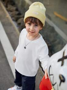 SHEIN 男童可愛寬鬆舒適的針織毛衣，圓領，印花圖案，長袖 - 白色 - 查看 2