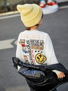 SHEIN 男童可愛寬鬆舒適的針織毛衣，圓領，印花圖案，長袖 - 白色 - 查看 3