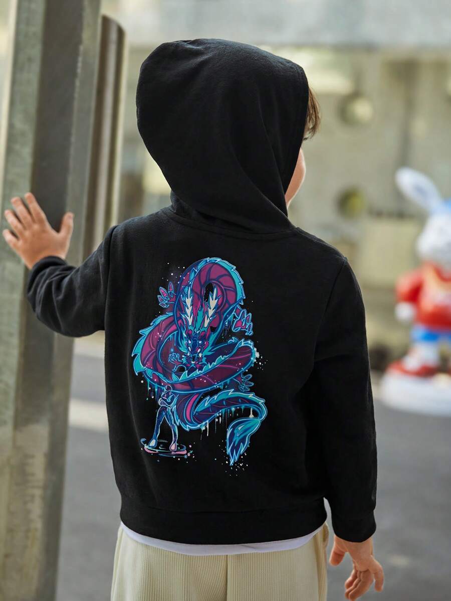 SHEIN 男小童中國龍圖案連帽衫 - 黑色 - 查看 1