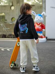 SHEIN 男小童中國龍圖案連帽衫 - 黑色 - 查看 4