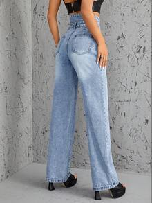 SHEIN ICON High Waist Slant Pocket Jeans - Blue - View 2