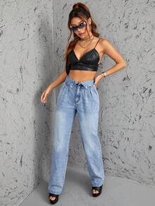 SHEIN ICON High Waist Slant Pocket Jeans - Blue - View 4