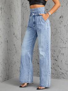 SHEIN ICON High Waist Slant Pocket Jeans - Blue - View 5