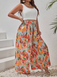 SHEIN VCAY Plus Solid Tank Top & Tropical Print Wide Leg Pants - Multicolor - View 2