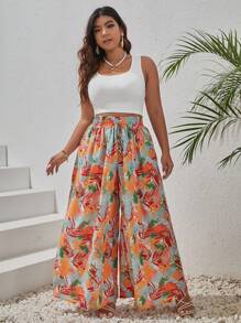 SHEIN VCAY Plus Solid Tank Top & Tropical Print Wide Leg Pants - Multicolor - View 1