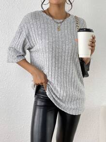 SHEIN LUNE Thả vai Đồ đan Ribbed Áo thun - Màu Xám nhạt - Xem 1