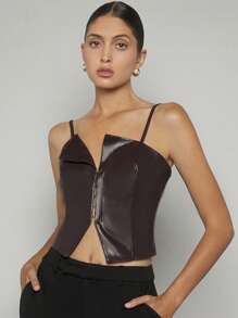 Maija Solid PU Leather Cami Top - Coffee Brown - View 1